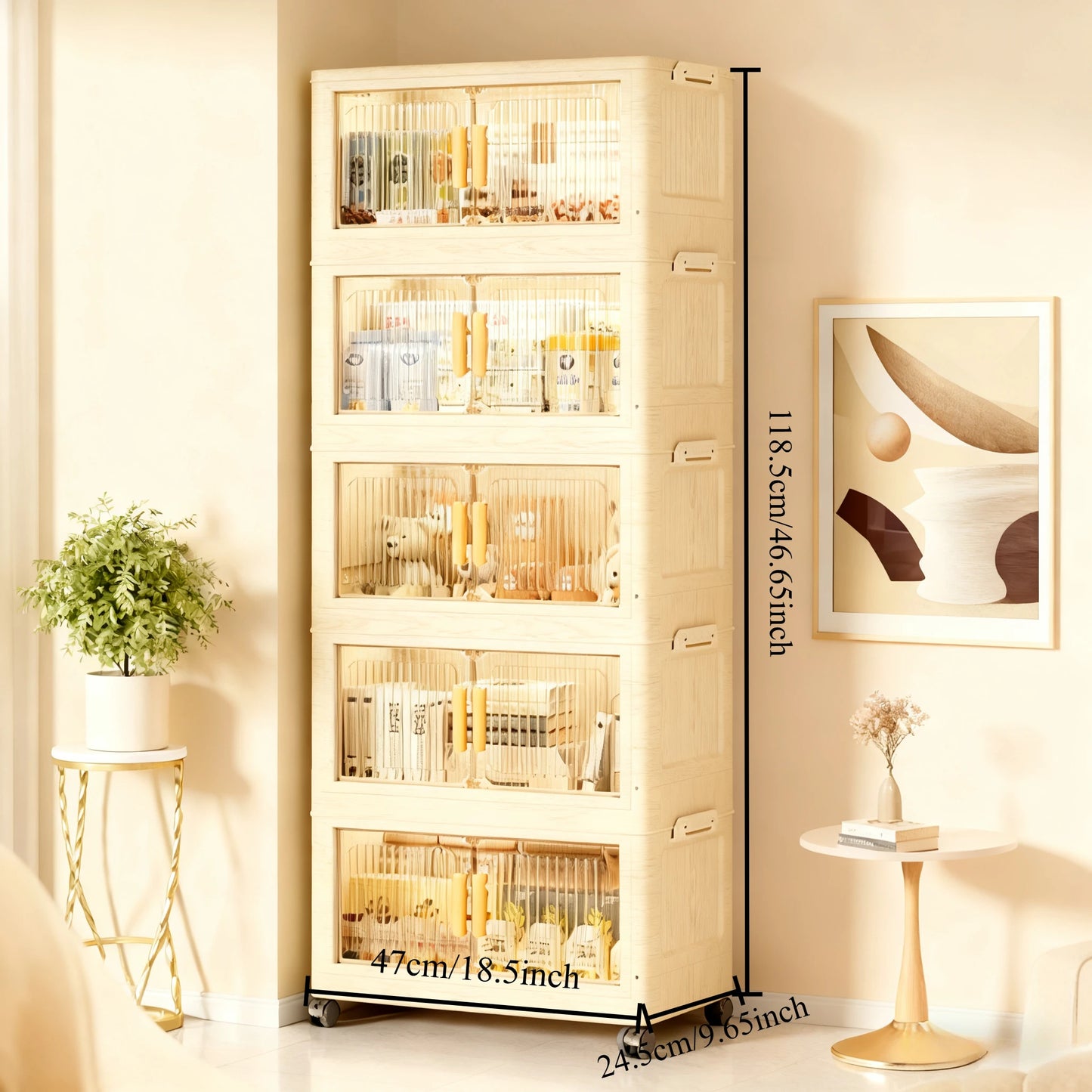 3/4/5-Tier Foldable Cabinet - Plastic Lidded Storage Box, Stackable w/Wheels, for Closet/Bedroom/Office/Kitchen, Decor & Rack