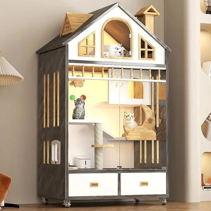 Enclosed Cat Condo, Large Wooden Cats House Indoor Cage Cat Enclosure on Wheels, Multi-Feature Enclosed Condo with Litter Box