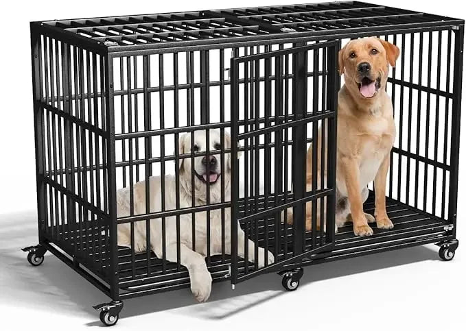 54 inch Heavy Duty Indestructible Dog Crate, Escape Proof Dog Cage Kennel with Lockable Wheels, High Anxiety Double Door