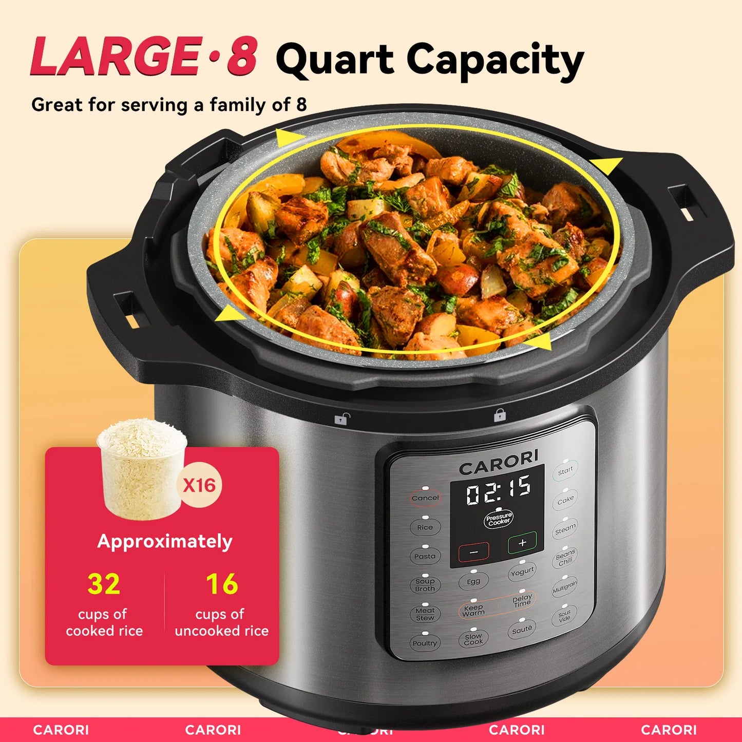 CARORI 1200W 12-in-1 Electric Pressure Cooker 8Qt, Stainless Steel Pressure Cooker, Slow Cook Rice Cooker Steamer Sauté, Yogurt