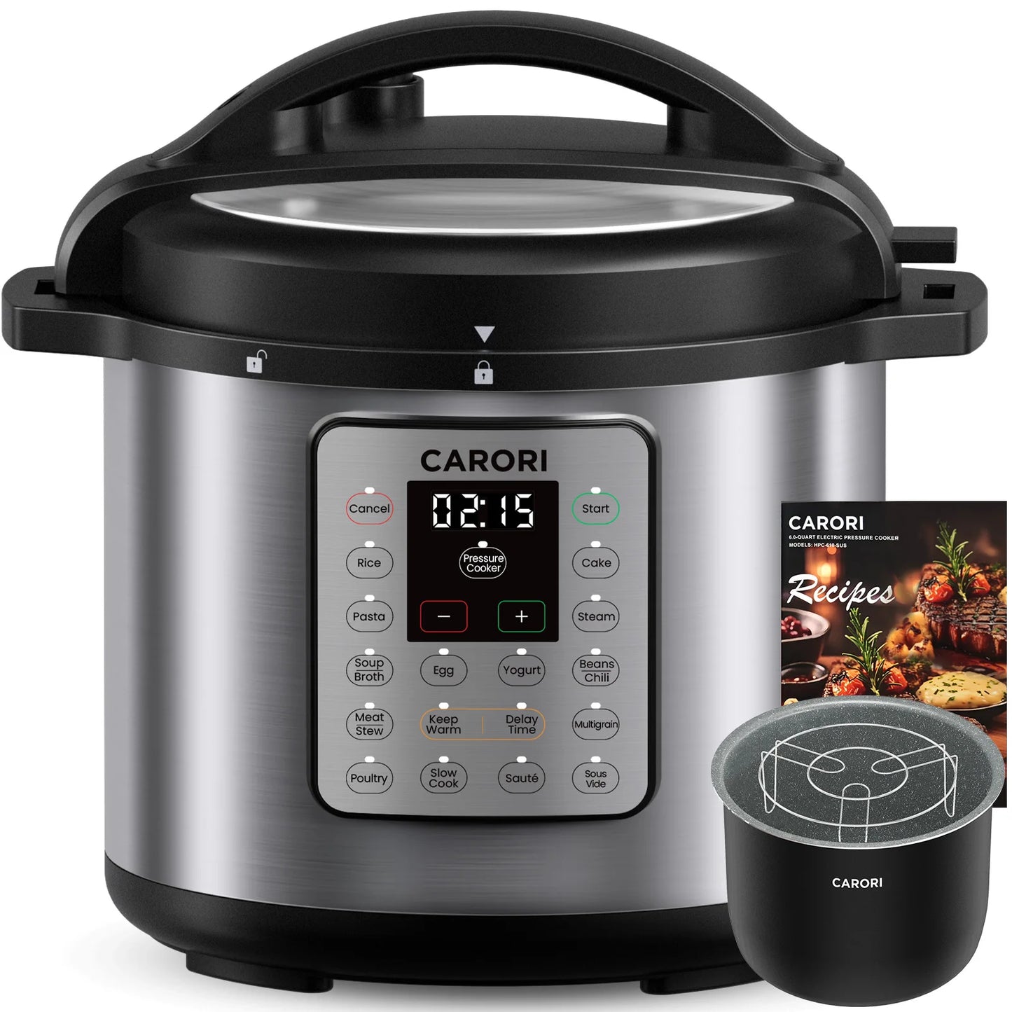 CARORI 1200W 12-in-1 Electric Pressure Cooker 8Qt, Stainless Steel Pressure Cooker, Slow Cook Rice Cooker Steamer Sauté, Yogurt
