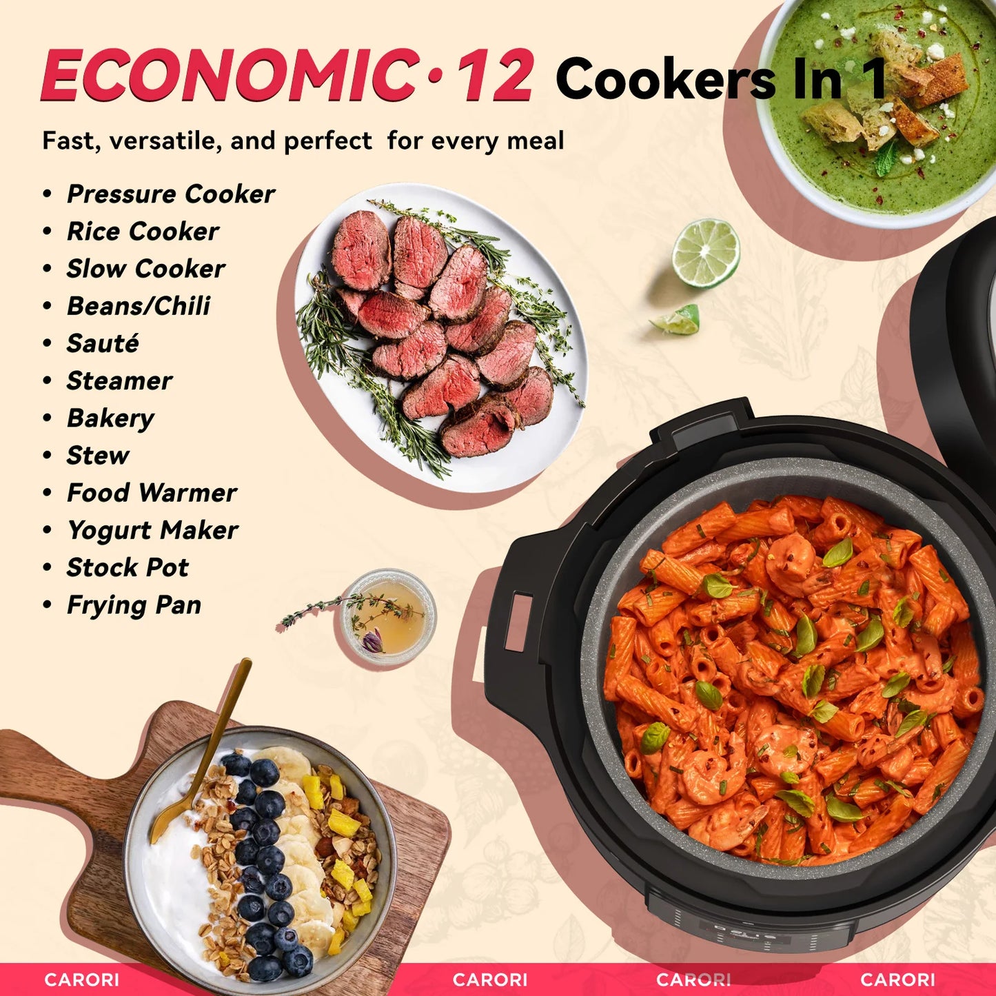 CARORI 1200W 12-in-1 Electric Pressure Cooker 8Qt, Stainless Steel Pressure Cooker, Slow Cook Rice Cooker Steamer Sauté, Yogurt
