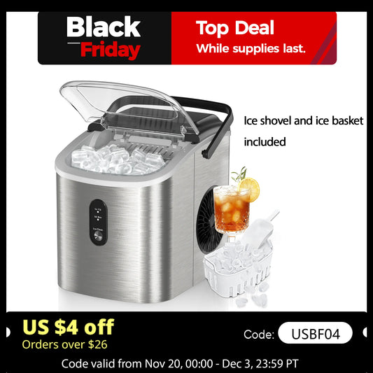 SIMZIFE Portable Countertop Ice Maker with Handle, 26 lbs/24H, 9 Cubes in 6 Mins, Auto-Cleaning(Black Choice CN)Silver Choice US