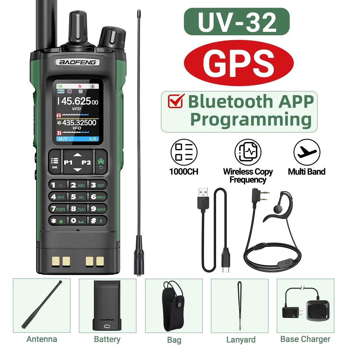 BAOFENG UV-32 10W Walkie Talkie Multi Band GPS Bluetooth Phone APP Programming Type-C NOAA for UV-5R Amateur Ham Two Way Radio