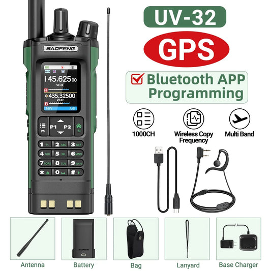 BAOFENG UV-32 10W Walkie Talkie Multi Band GPS Bluetooth Phone APP Programming Type-C NOAA for UV-5R Amateur Ham Two Way Radio