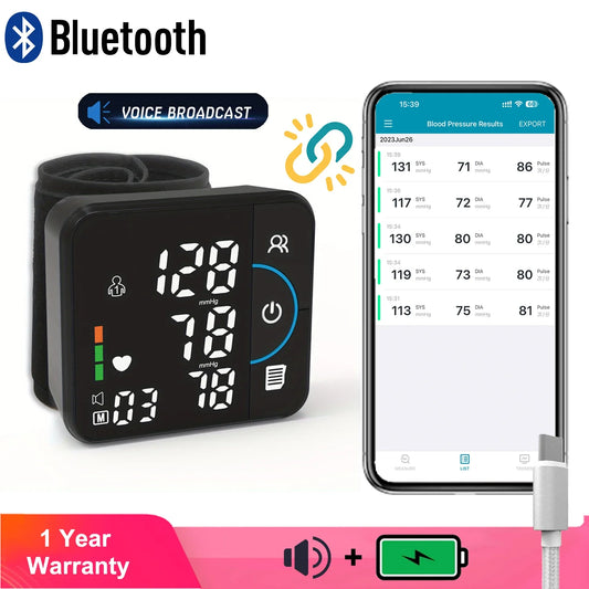 Schbit Bluetooth Wrist Blood Pressure Monitor With English Voice Prompts USB Charging