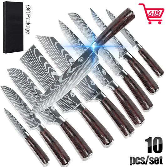 MDHAND Japanese Kitchen Knives Set 8 to 10 Pieces Damascus Pattern High Carbon Stainless Steel Chef Knives