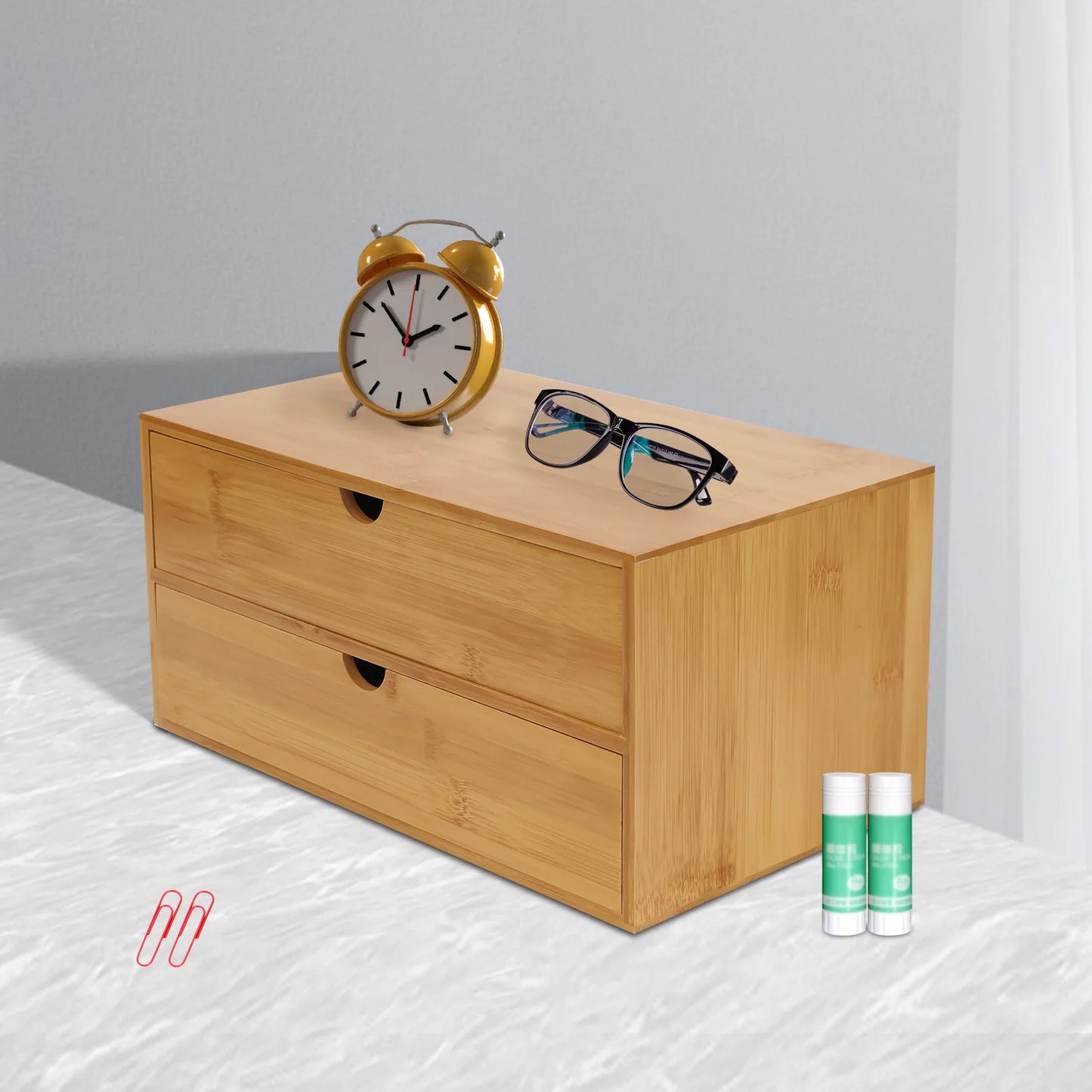 storage boxesMini Bamboo Desk Organizer with 2 Drawers Desktop Storage Box for Home Office Supplies Holder Multifunctional Space