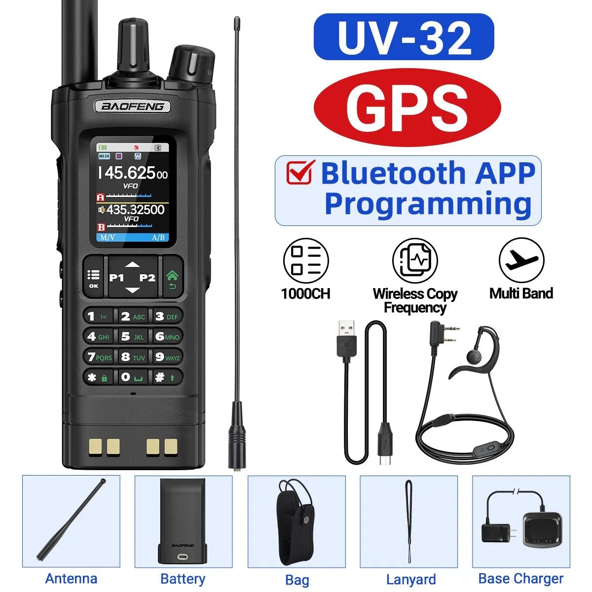 BAOFENG UV-32 10W Walkie Talkie Multi Band GPS Bluetooth Phone APP Programming Type-C NOAA for UV-5R Amateur Ham Two Way Radio