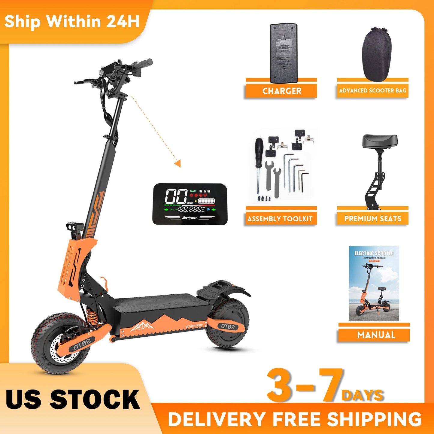 Arwibon5600W Dual Motor Electric Scooter TopSpeed46MPH 60V27Ah FoldableSeat OffRoad