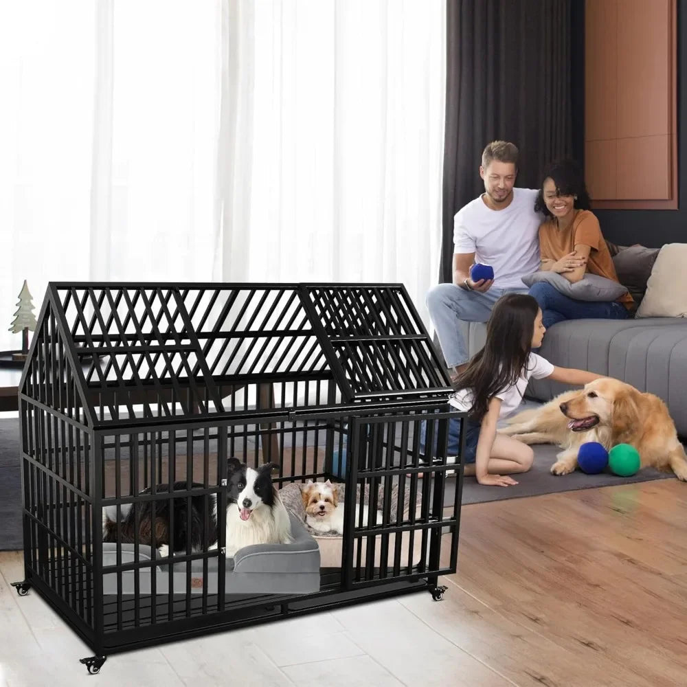 54 inch Heavy Duty Indestructible Dog Crate, Escape Proof Dog Cage Kennel with Lockable Wheels, High Anxiety Double Door