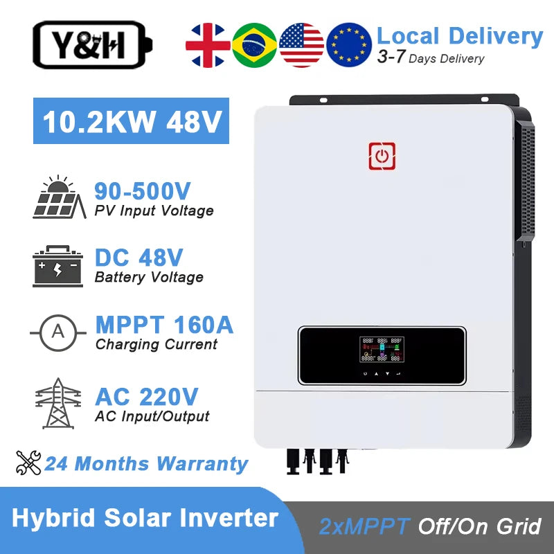 YH Off Grid Hybrid Inverter 10.2KW Dual MPPT 160A Solar Controller 48V 230V Dual PV Max Input 500V Sine Wave Inverter