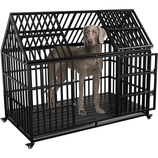 54 inch Heavy Duty Indestructible Dog Crate, Escape Proof Dog Cage Kennel with Lockable Wheels, High Anxiety Double Door