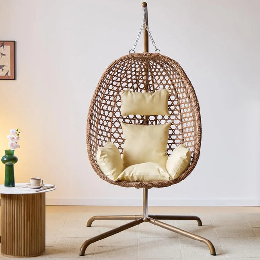 Double Swing Egg Chair 2 Person Wicker Hanging Loveseat with Stand Outdoor Garden Patio Furniture Foldable Comfortable Seating