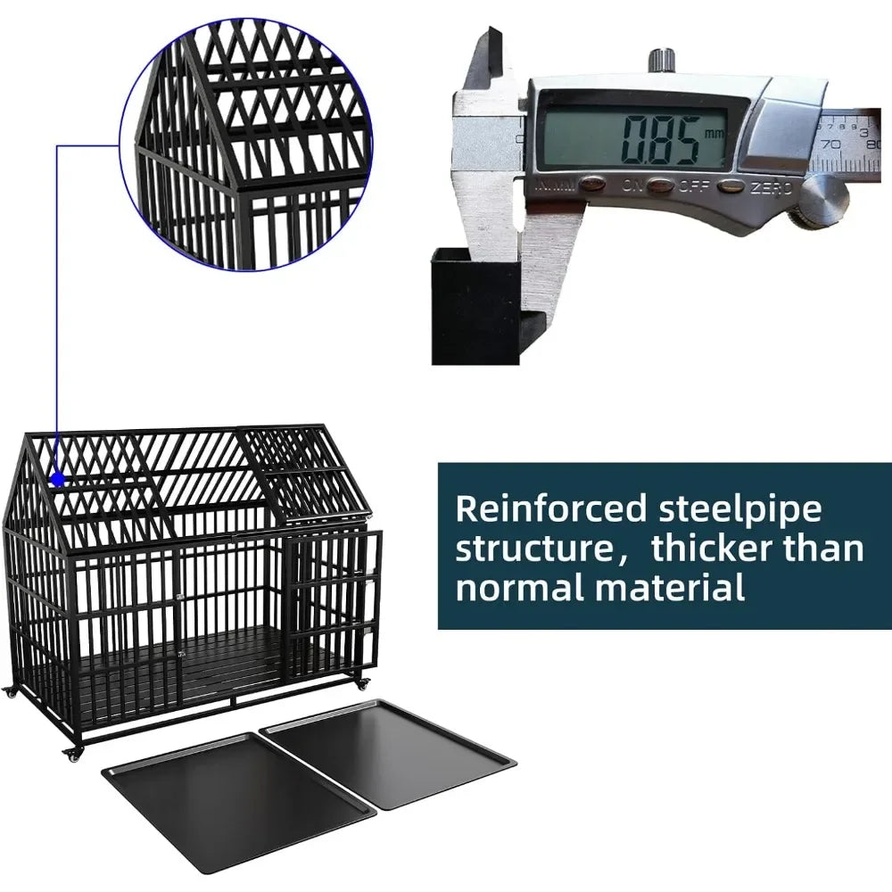 54 inch Heavy Duty Indestructible Dog Crate, Escape Proof Dog Cage Kennel with Lockable Wheels, High Anxiety Double Door