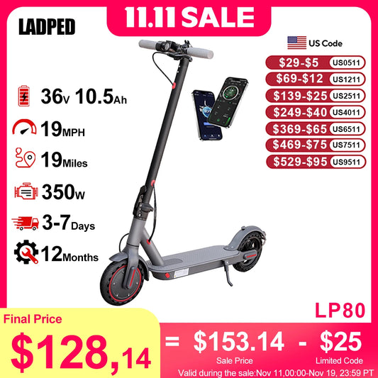Ladped 350W Folding Electric Scooter Waterproof 19mph App
