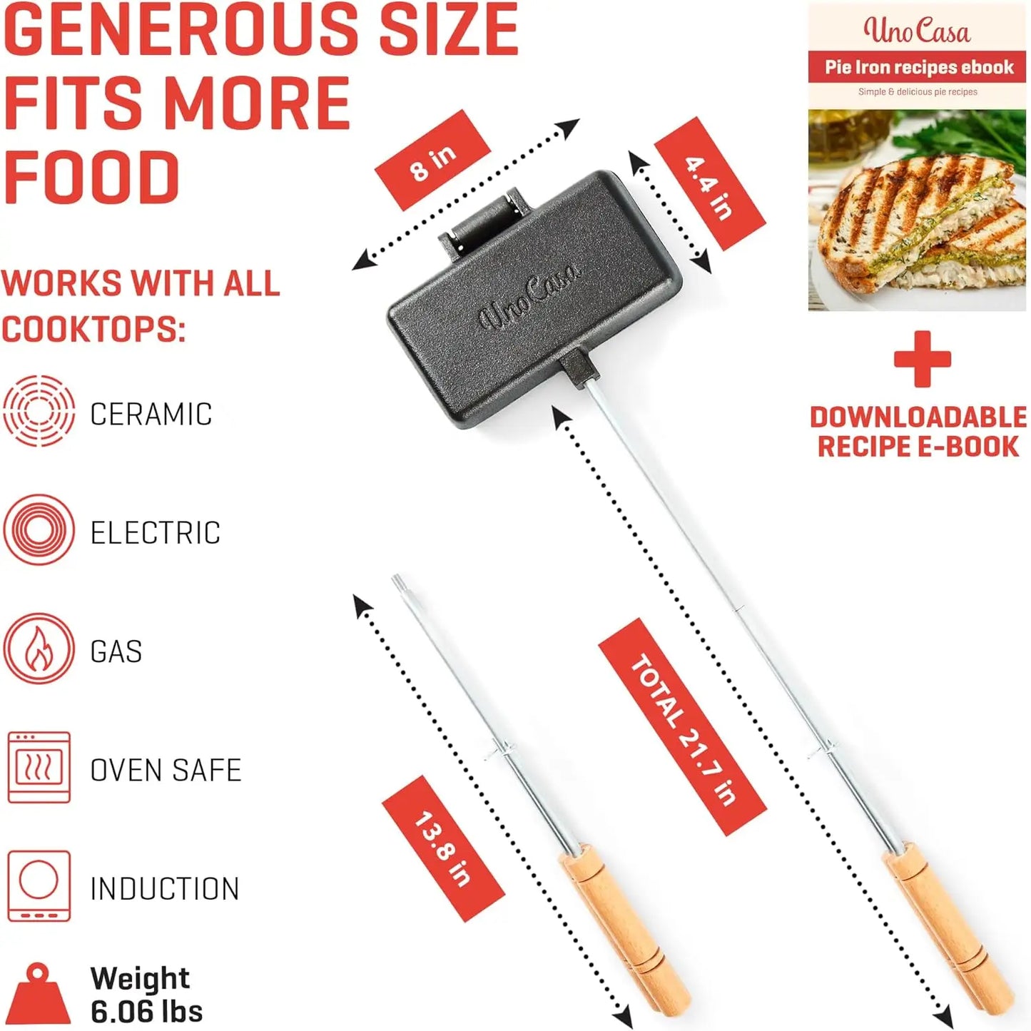 - XL Pie Irons Cast Iron Sandwich Maker - Mountain Japanese Sandwich Maker with Recipe Book - Durable Campfire Cooking