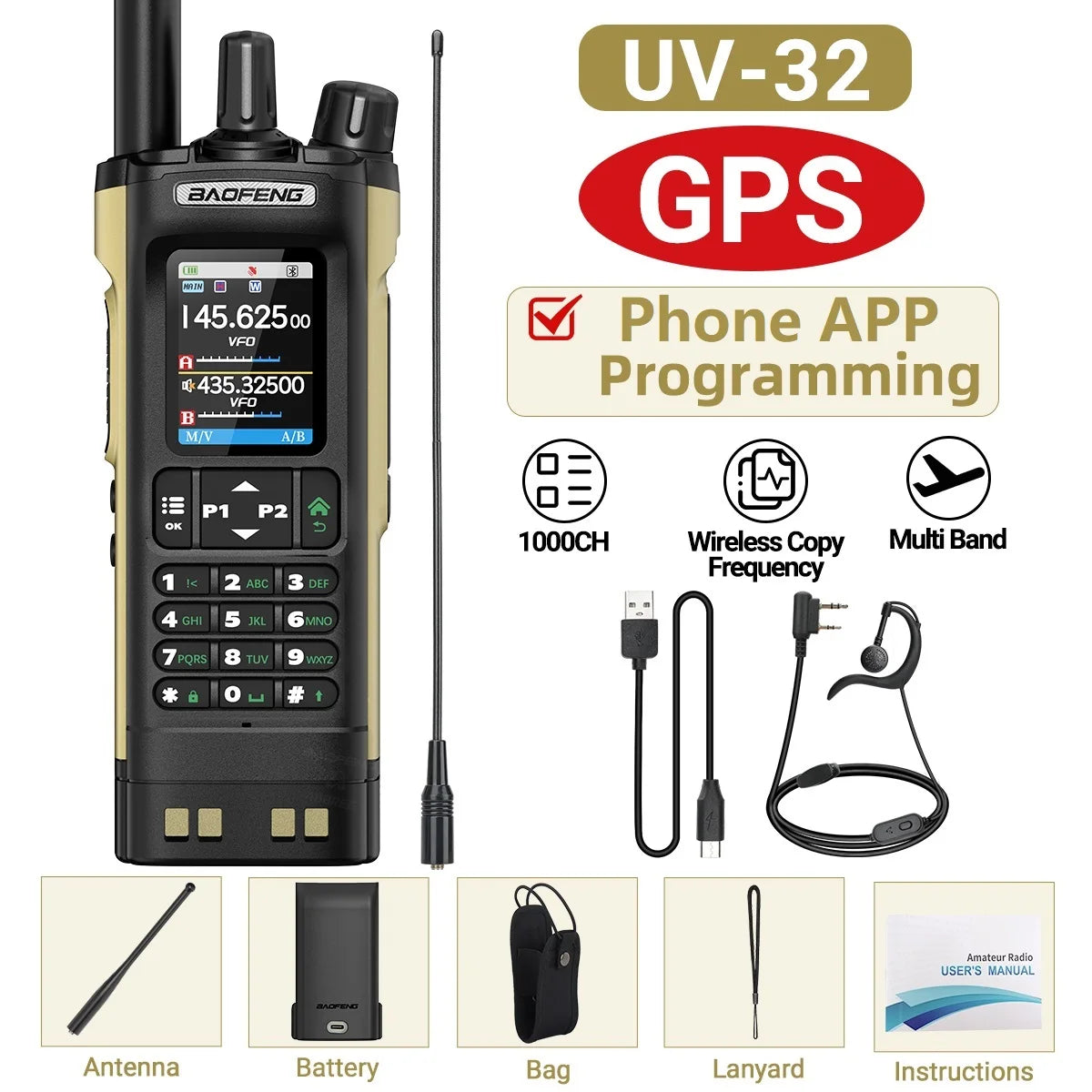 BAOFENG UV-32 10W Walkie Talkie Multi Band GPS Bluetooth Phone APP Programming Type-C NOAA for UV-5R Amateur Ham Two Way Radio