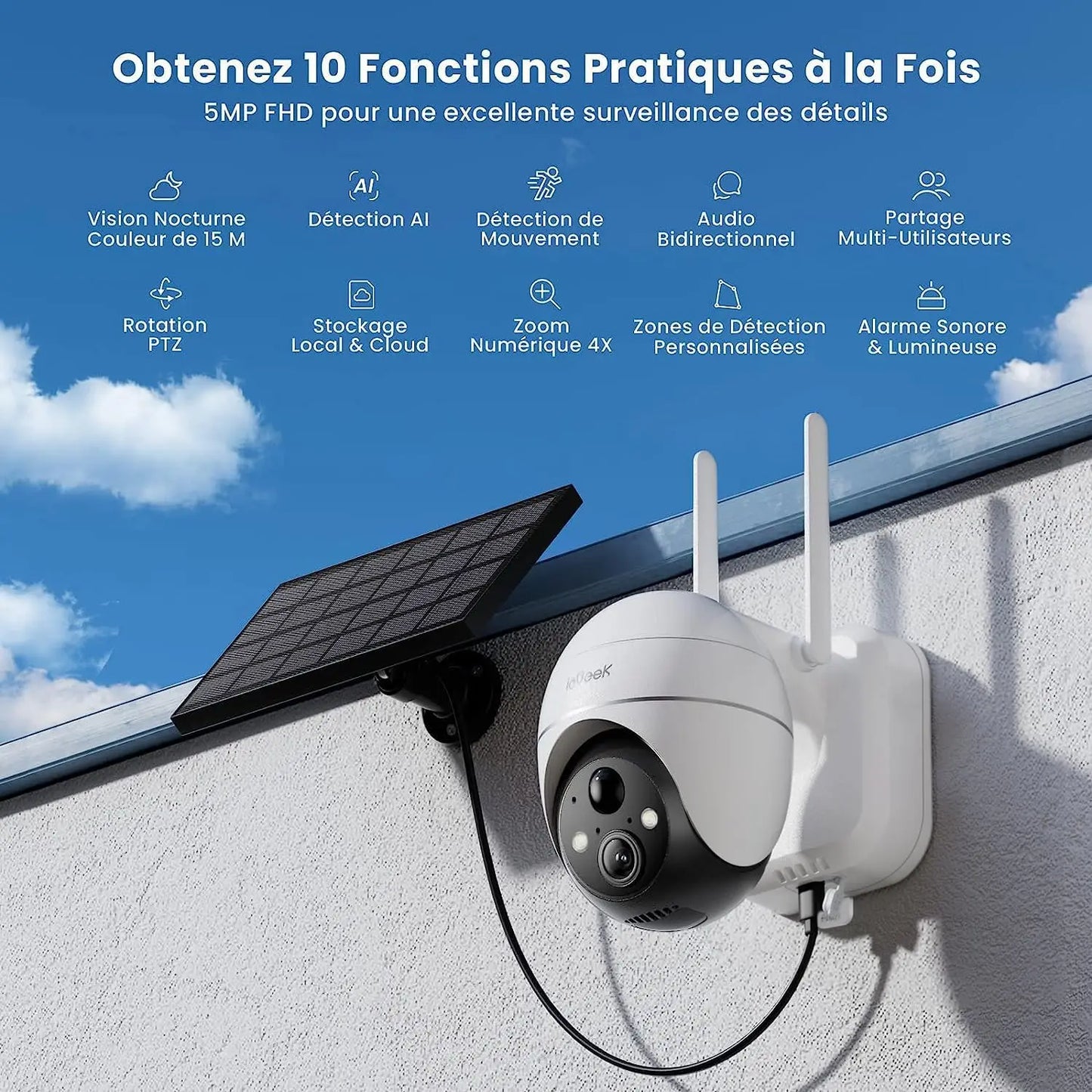 ieGeek 5MP Wireless Outdoor WiFi Surveillance Camera, Solar Camera, 360 Degree Camera, Human PIR Detection, Colour Night Vision