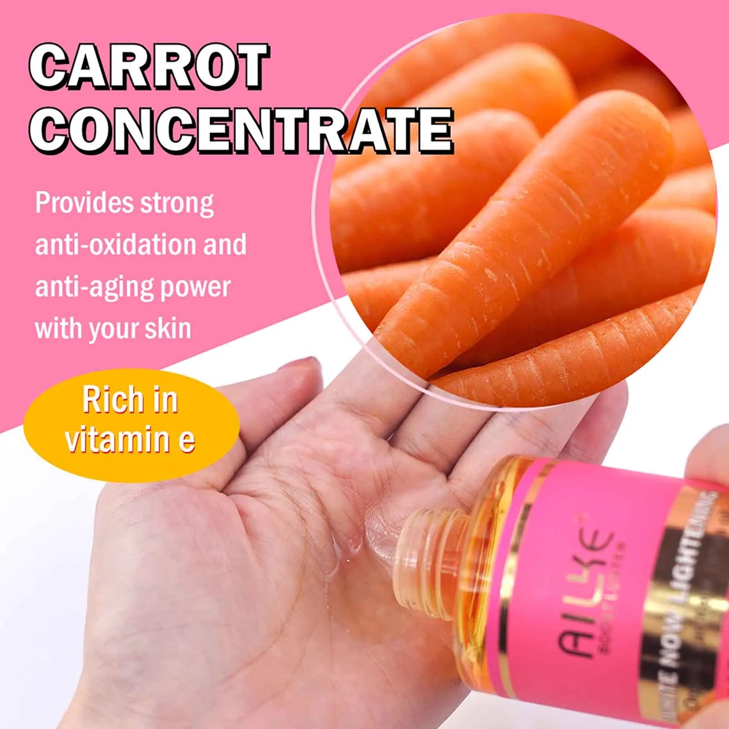 AILKE Organic Carotene Serum Brightening Body Oil, Smooth Skin, Moisturizing, With Vitamin E, Rose Essential Oil, 250ml/ 8.8 oz