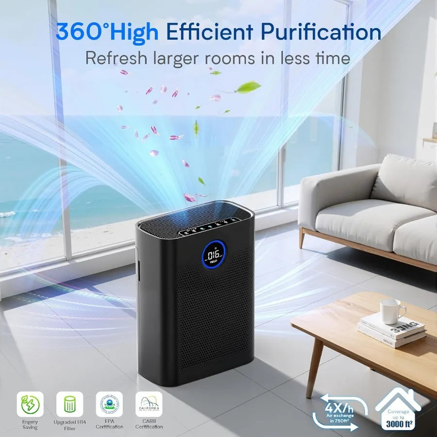 Air Purifiers for Home Large Room up to 3000 ft H14 True HEPA Air Purifier with PM 2.5 Display Air Quality Sensor for Bedroom D