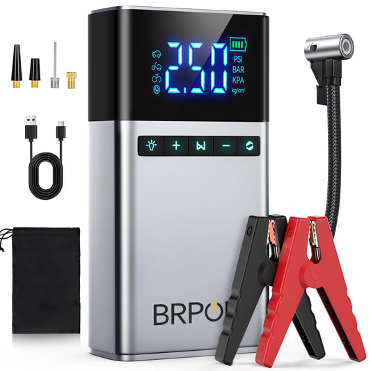 BRPOM Portable Car Jump Starter With 150 PSI Air Compressor And 7500A Peak High Capacity Two Built In Batteries