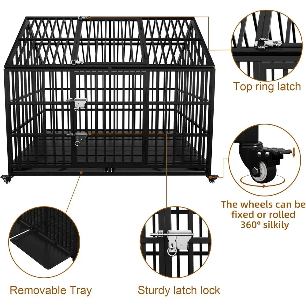 54 inch Heavy Duty Indestructible Dog Crate, Escape Proof Dog Cage Kennel with Lockable Wheels, High Anxiety Double Door