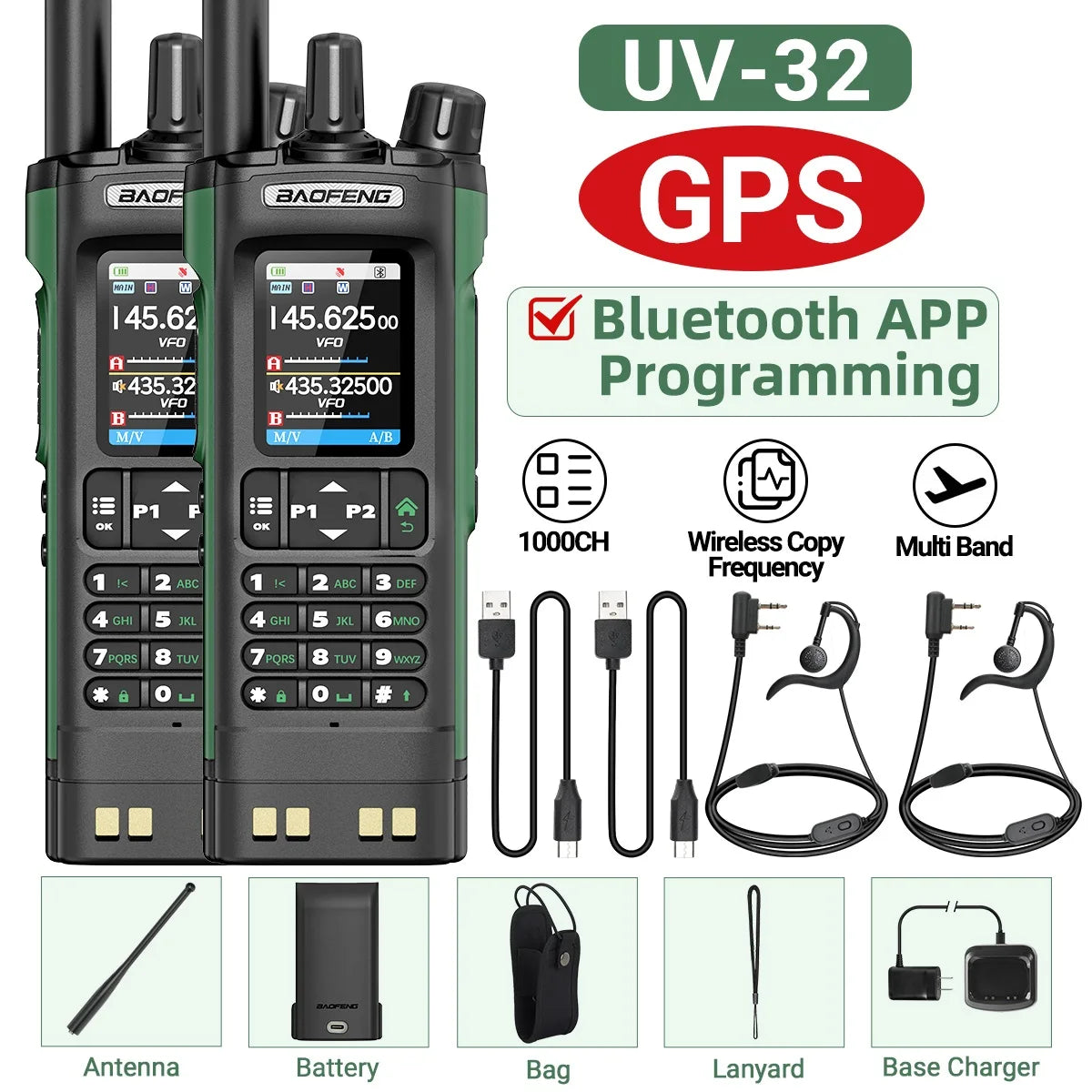 BAOFENG UV-32 10W Walkie Talkie Multi Band GPS Bluetooth Phone APP Programming Type-C NOAA for UV-5R Amateur Ham Two Way Radio