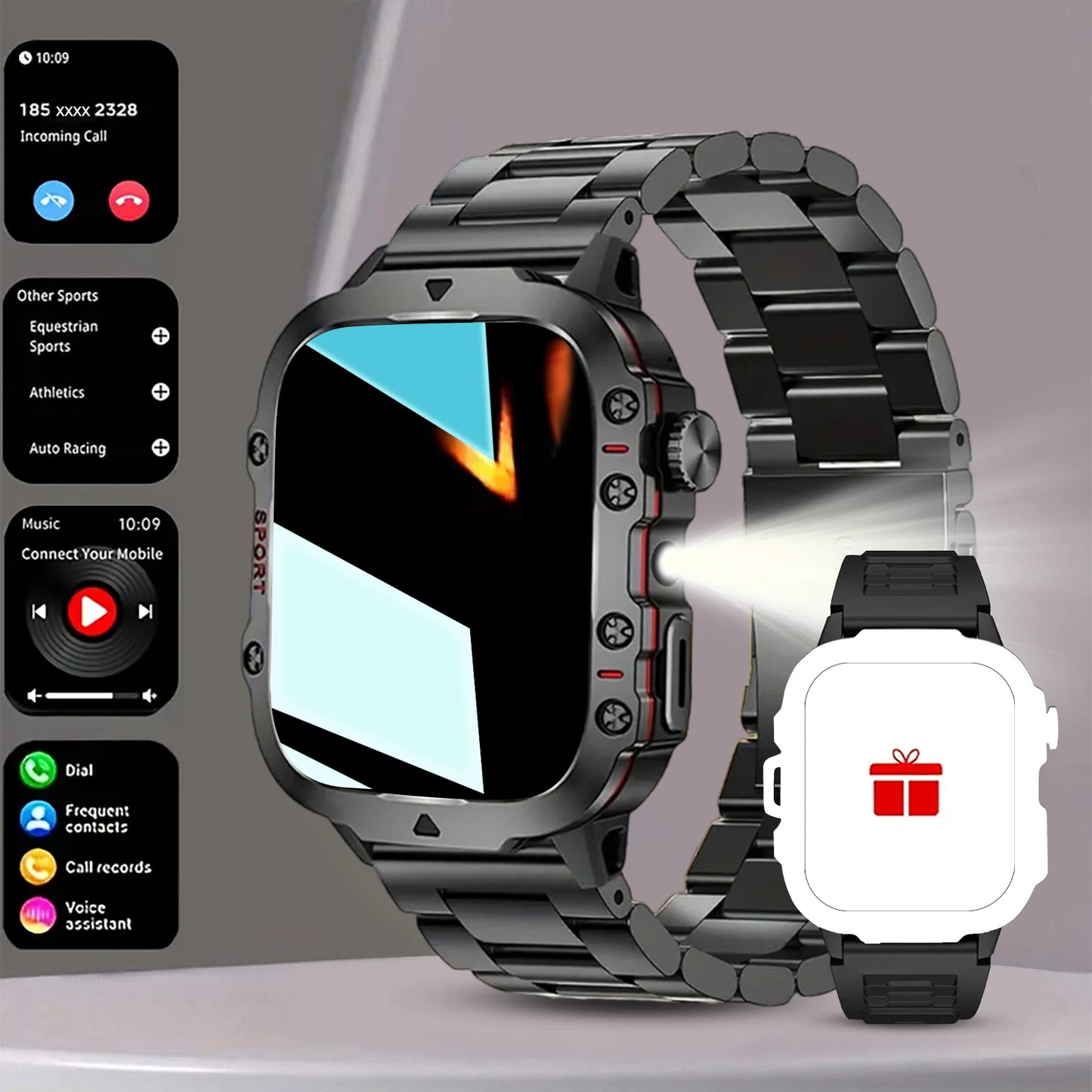 2025 Men's Smart Watch with Wireless Calling, Dual Straps (Stainless Steel+Silicone), Step Counter Flashlight & Message Reminder