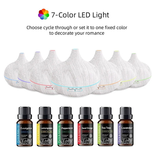 550ml Wood Grain Essential Oil Diffuser  Ultrasonic Humidifier with Remote & 6 Oil Bottles