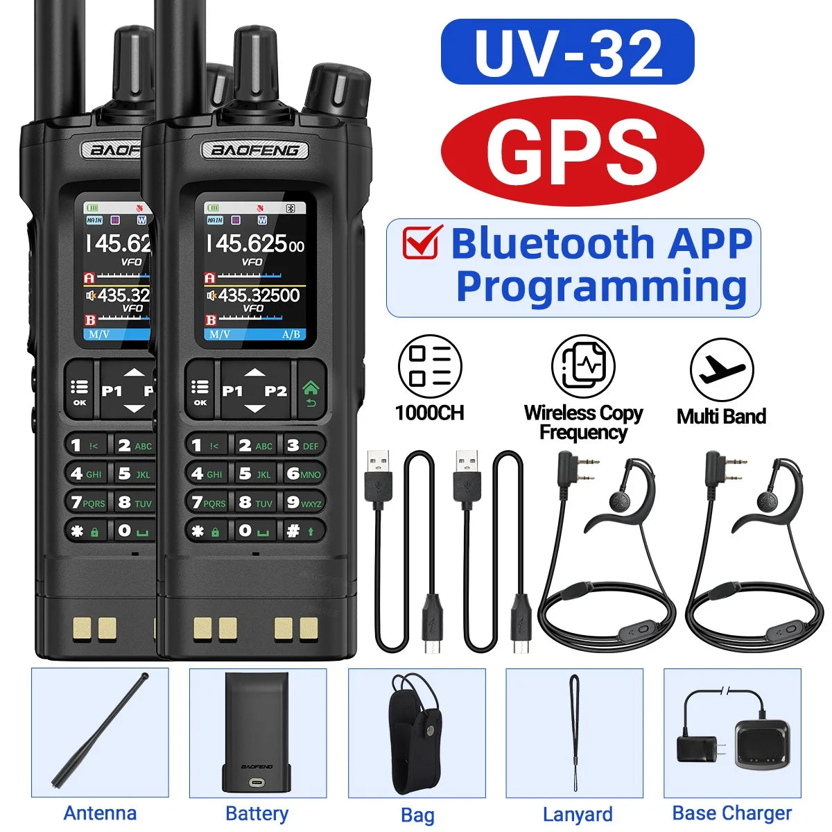 BAOFENG UV-32 10W Walkie Talkie Multi Band GPS Bluetooth Phone APP Programming Type-C NOAA for UV-5R Amateur Ham Two Way Radio